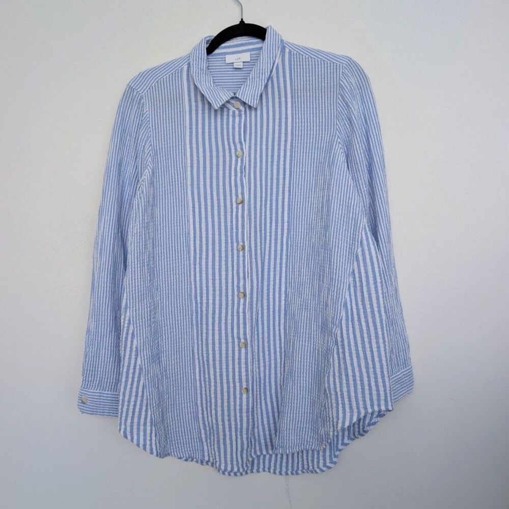 J. Jill Nautical Coastal Striped Gauzy Cotton Lightweight Button Up Shirt Sz M